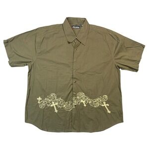 VTG Praga Mens 3XL Olive Short Sleeve Button Up Shirt Embroidered Cross Design